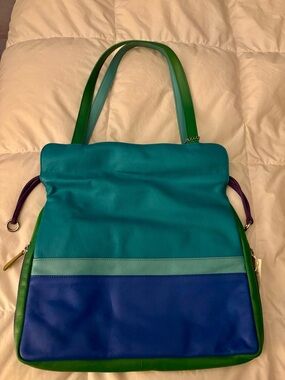 Colorblock Leather Tote in Teal, Blue & Green